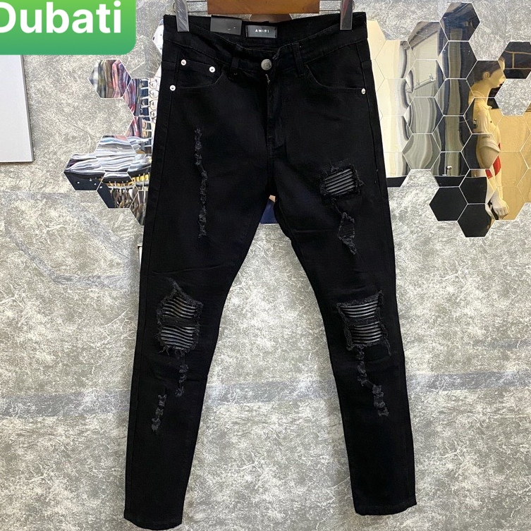 QUẦN JEAN NAM CHẤT BÒ ĐEN VÁ DA WASH RÁCH NHẬT BẢN PHONG CÁCH SÀNH ĐIỆU VIP - DUBAI FASHION