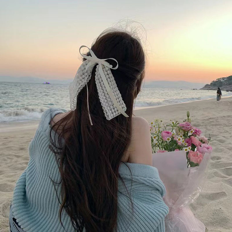 Kẹp tóc nơ ren màu trắng phong cách tiểu thư
