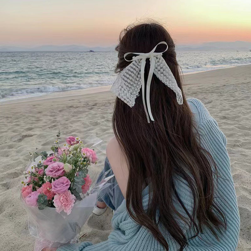 Kẹp tóc nơ ren màu trắng phong cách tiểu thư