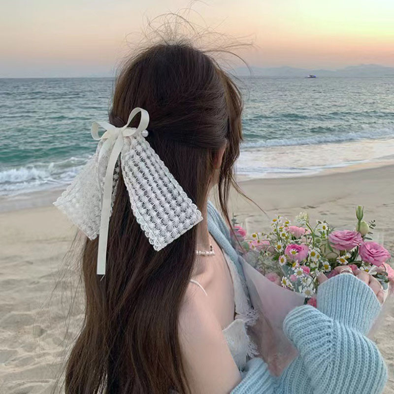 Kẹp tóc nơ ren màu trắng phong cách tiểu thư