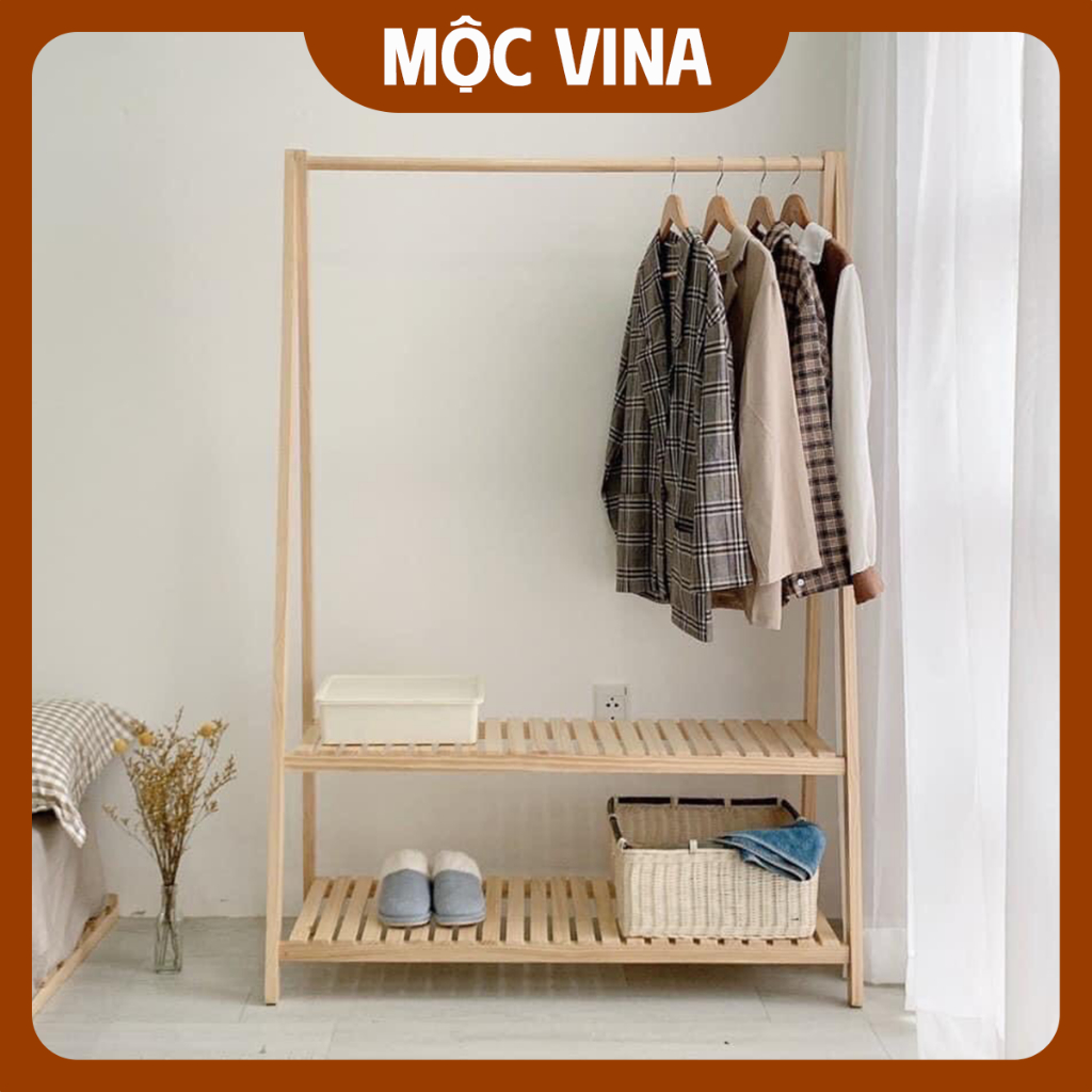 Kệ gỗ treo quần áo 2 tầng Mộc Vina, Giá treo đồ 2 tầng chữ A gỗ thông cao cấp, Kệ gỗ chữ A cao 150cm tiện dụng, đa năng