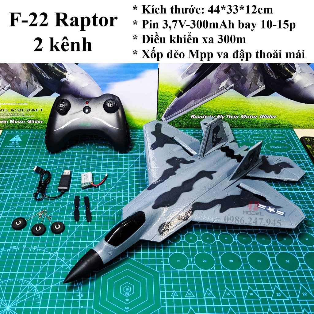 Máy Bay Điều Khiển F-22 Raptor . Size 44*32*12cm. Pin bay 15 phút. Bay xa 200m. KIT xốp dẻo EPP bao đập