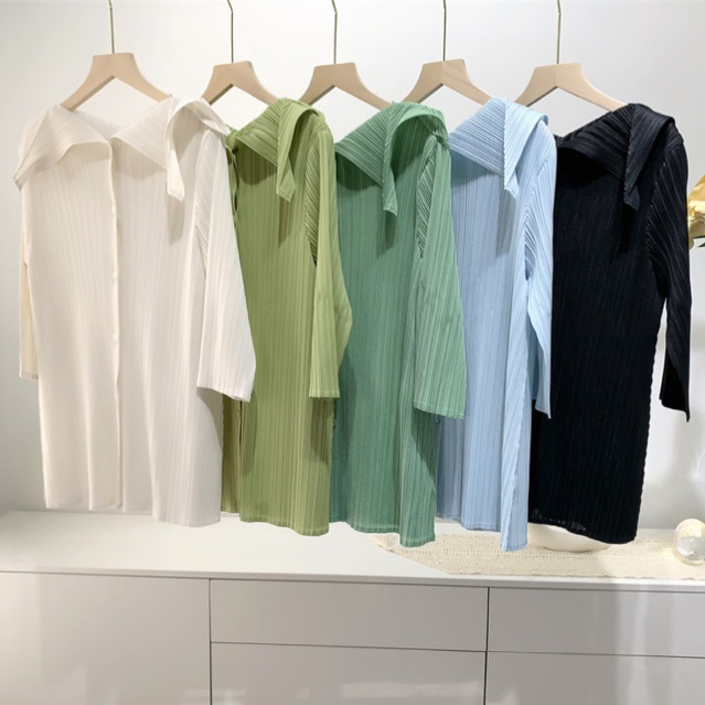 Áo lò xo tay lỡ với phần cổ áo cách điệu, Áo form dài cao cấp có hàng nút dọc thân freesize co giãn nhiểu