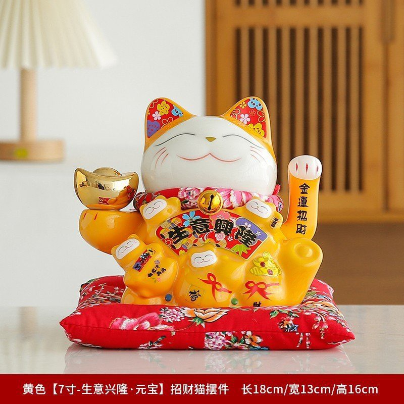 Mèo Thần Tài Sứ , Mèo May Mắn Maneki Neko cao 16cm . Vẩy Tay Gọi Khách BÁT PHƯƠNG KHAI TÀI