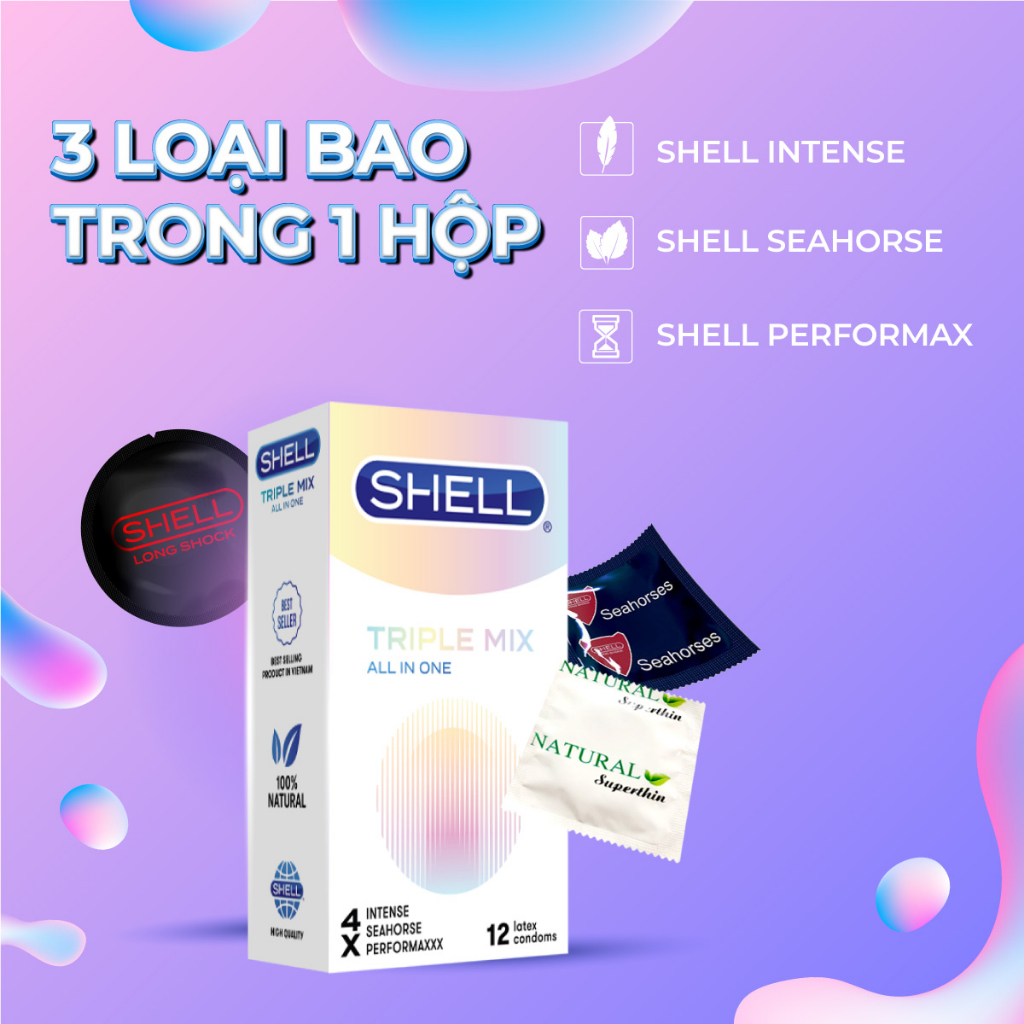 Bao cao su Shell Triple Mix siêu mỏng, mát lạnh, gân gai - Hộp 12 cái | SHELL CHÍNH HÃNG