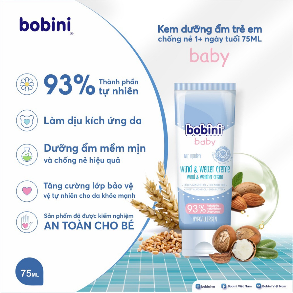 [Tặng rửa tay khô 100ml] Kem dưỡng ẩm trẻ em Bobini Baby chống nẻ 1+ ngày tuổi 75ML