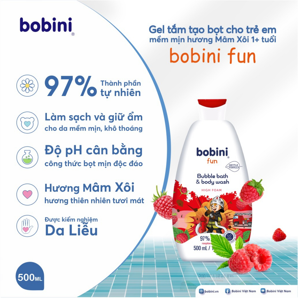 [Tặng rửa tay khô 100ml] Gel tắm tạo bọt cho trẻ em Bobini Fun mềm mịn hương mâm xôi 1+ tuổi 500ML