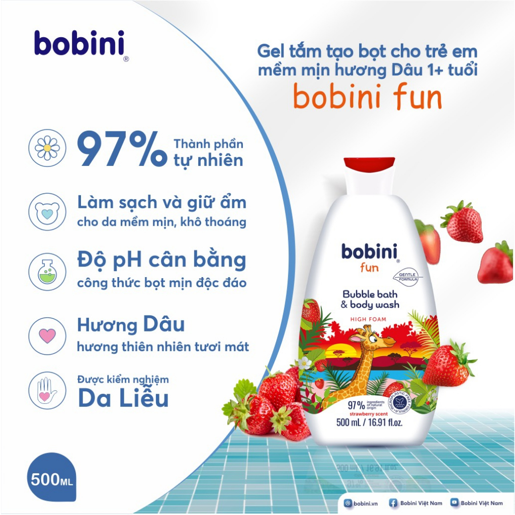 [Tặng rửa tay khô 100ml] Gel tắm tạo bọt cho trẻ em Bobini Fun mềm mịn hương dâu tây 1+ tuổi 500ML