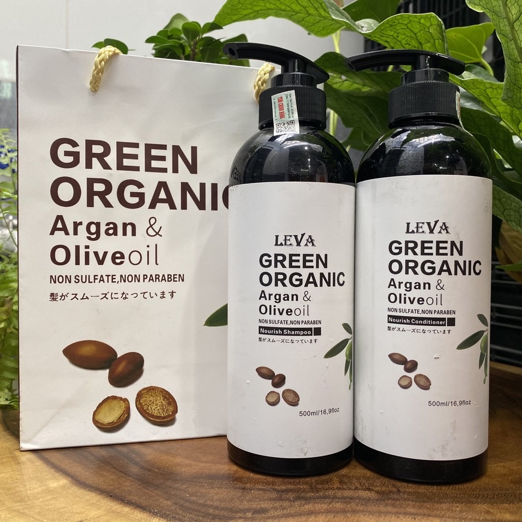 Cặp Dầu Gội, dầu Xả Leva Green Organic&amp; Olive Oil phục hồi tóc hư tổn Nhật Bản 1000ml