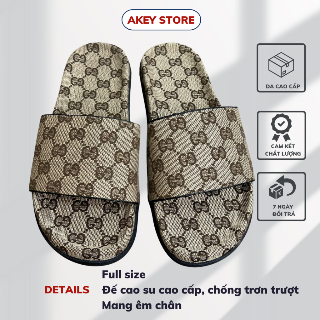 Dép Nam Quai Ngang Unisex Họa Tiết Chữ GC màu nâu cao cấp, quai chắc chắn fullbox AKEYSHOP - 2189