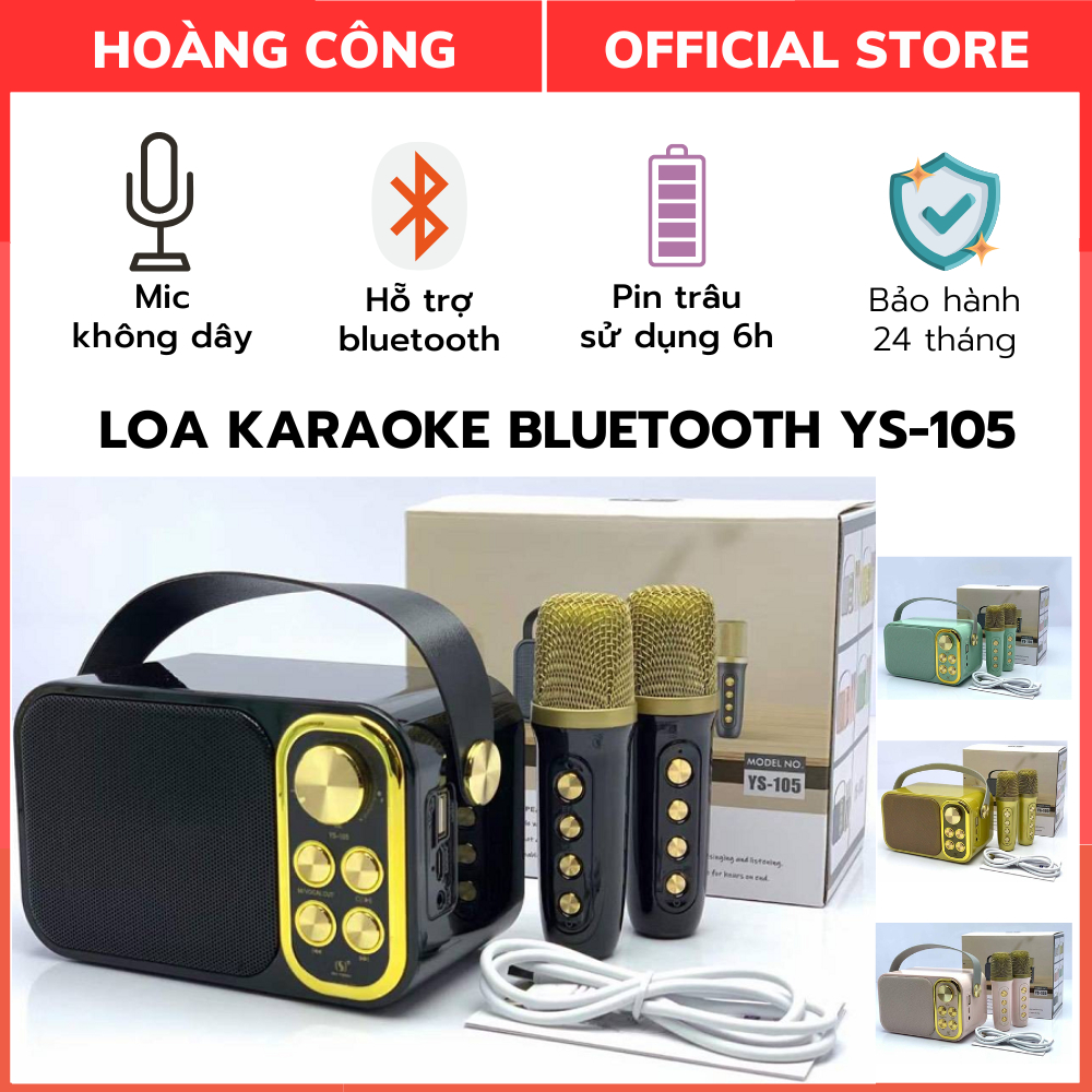Loa Karaoke Bluetooth Mini YS-105 tặng kèm 2 mic không dây, Công suất 10W, Chức năng đổi giọng đặc biệt, BH 24 tháng
