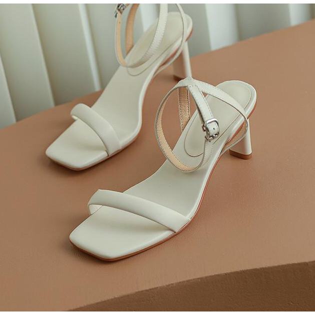 Sandal cao gót da thật ASBEL màu trắng