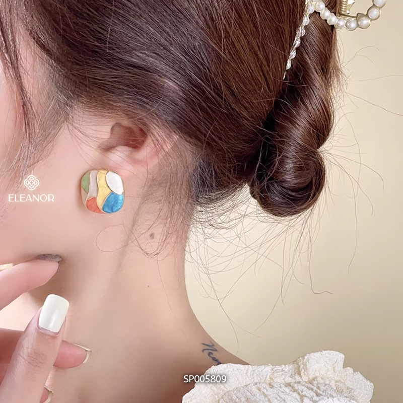 Bông tai nữ chuôi bạc 925 Eleanor Accessories hình vuông nhiều màu phụ kiên trang sức 5809