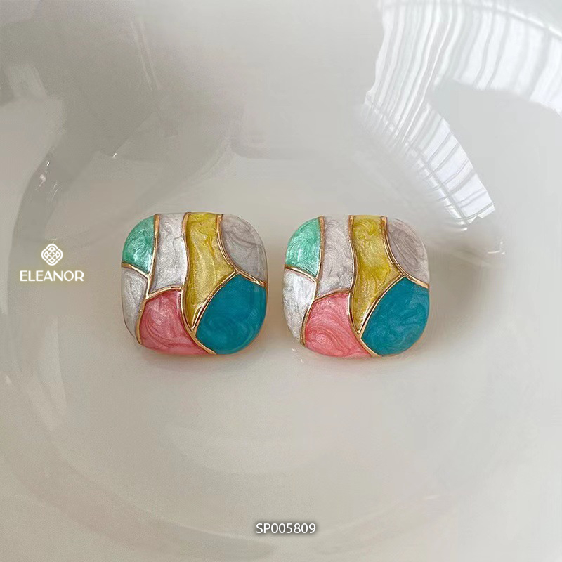 Bông tai nữ chuôi bạc 925 Eleanor Accessories hình vuông nhiều màu phụ kiên trang sức 5809