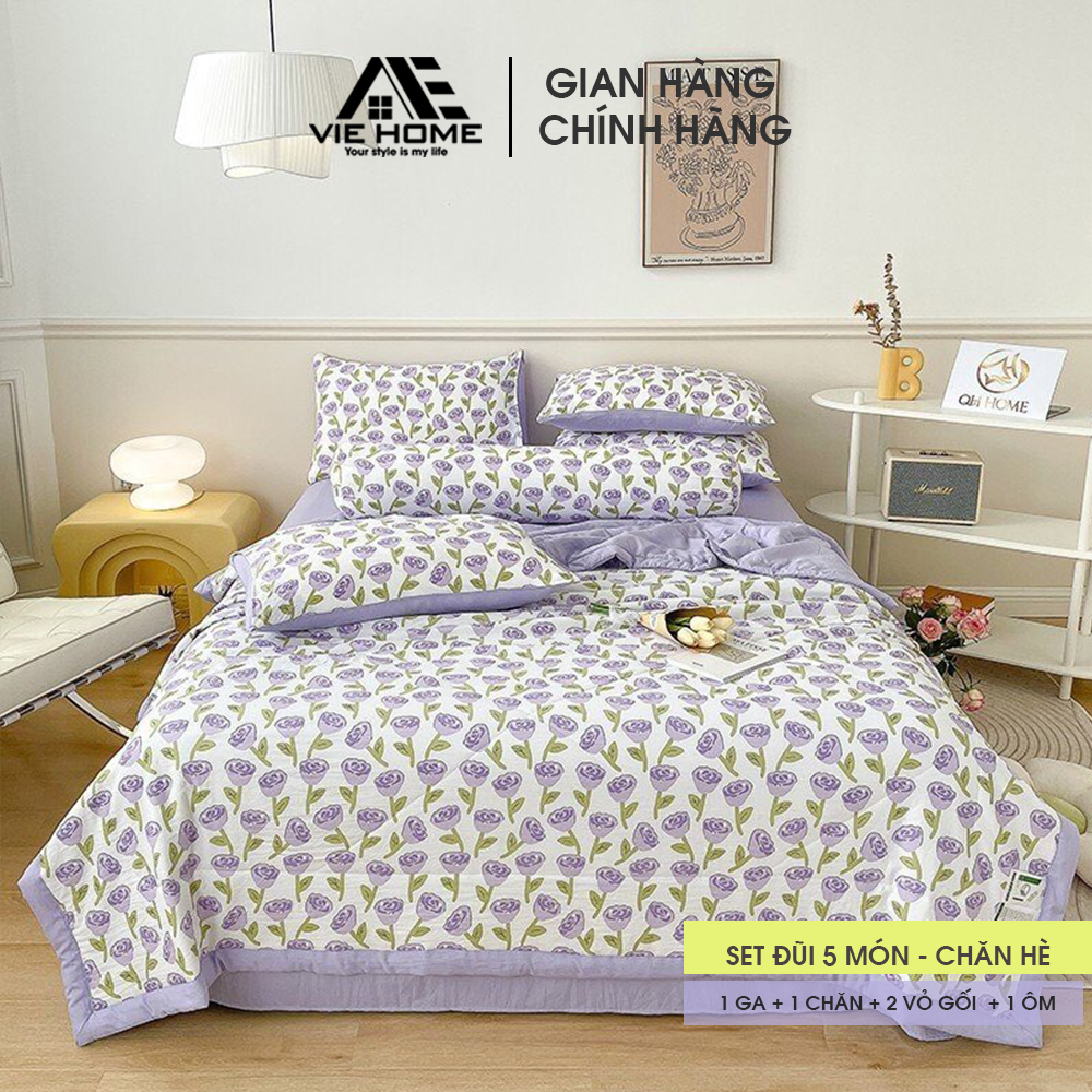 Bộ Chăn Chần Ga Giường Vỏ Gối 5 Món Cotton Đũi  MD.DECOR - Bedding Cao Cấp Hoa Lá  Đủ Size Nệm M6/M8