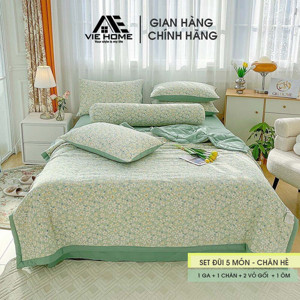 Bộ Chăn Chần Ga Giường Vỏ Gối 5 Món Cotton Đũi  MD.DECOR - Bedding Cao Cấp Hoa Lá  Đủ Size Nệm M6/M8