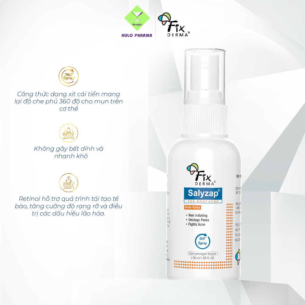 Xịt Mụn Lưng FIXDERMA Salyzap For Body Acne Body Spray Giúp Giảm Mụn, Ngăn Ngừa Mụn Viêm Sưng Ở Cơ Thể 50ml