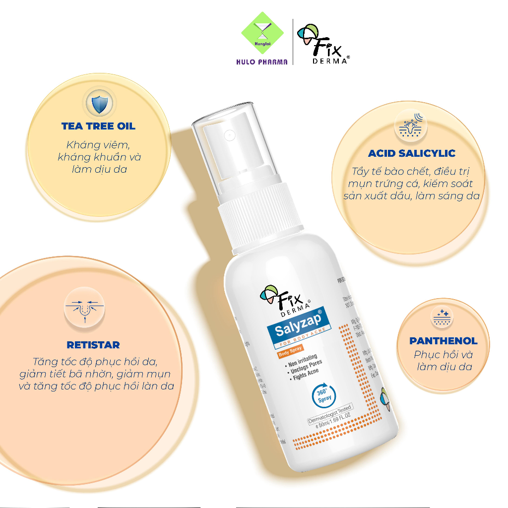 Xịt Mụn Lưng FIXDERMA Salyzap For Body Acne Body Spray Giúp Giảm Mụn, Ngăn Ngừa Mụn Viêm Sưng Ở Cơ Thể 50ml