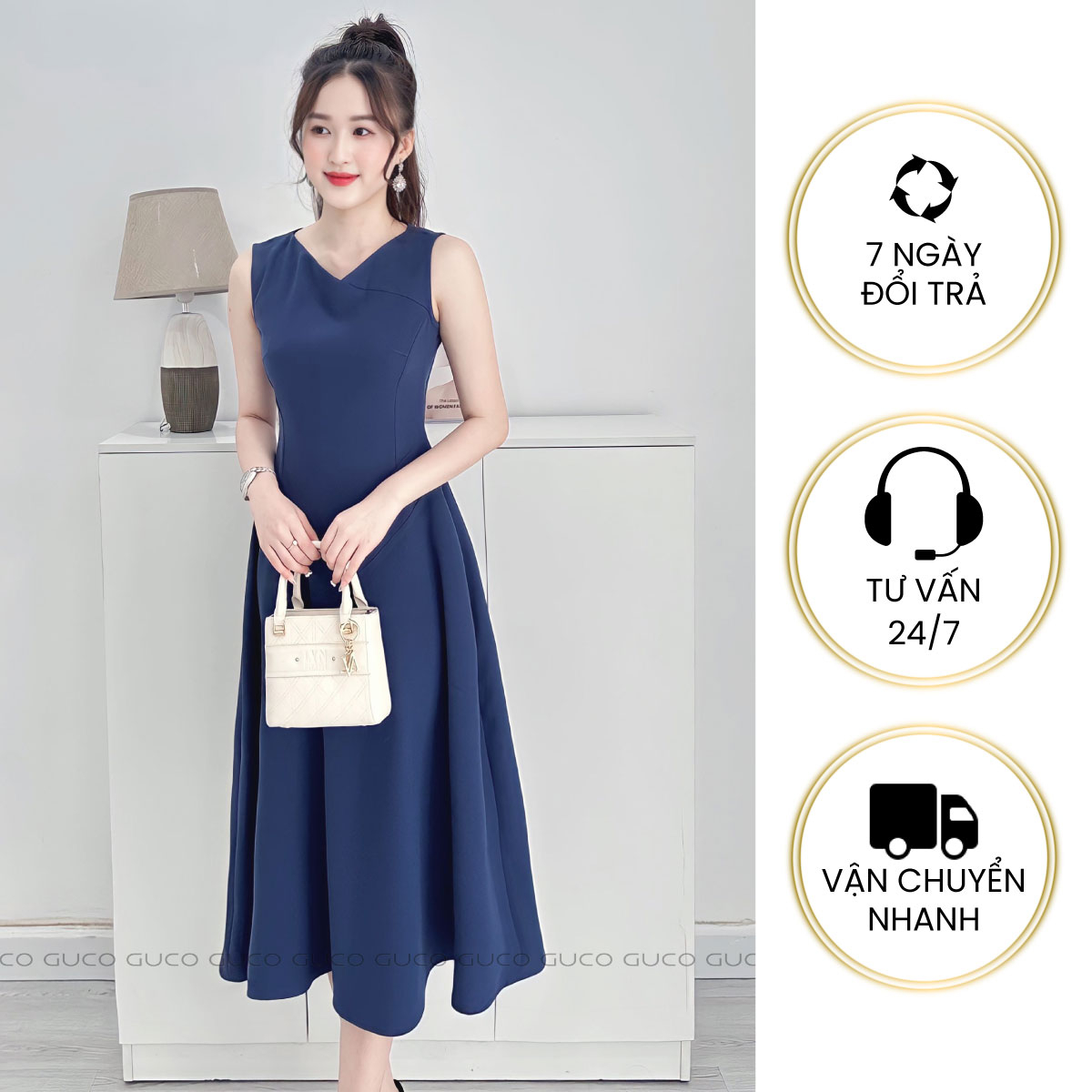 Đầm xòe cổ tim không tay - Xanh 4037