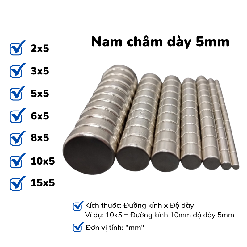 Nam châm tròn nhiều kích thước độ dày 5mm lực hút mạnh N35