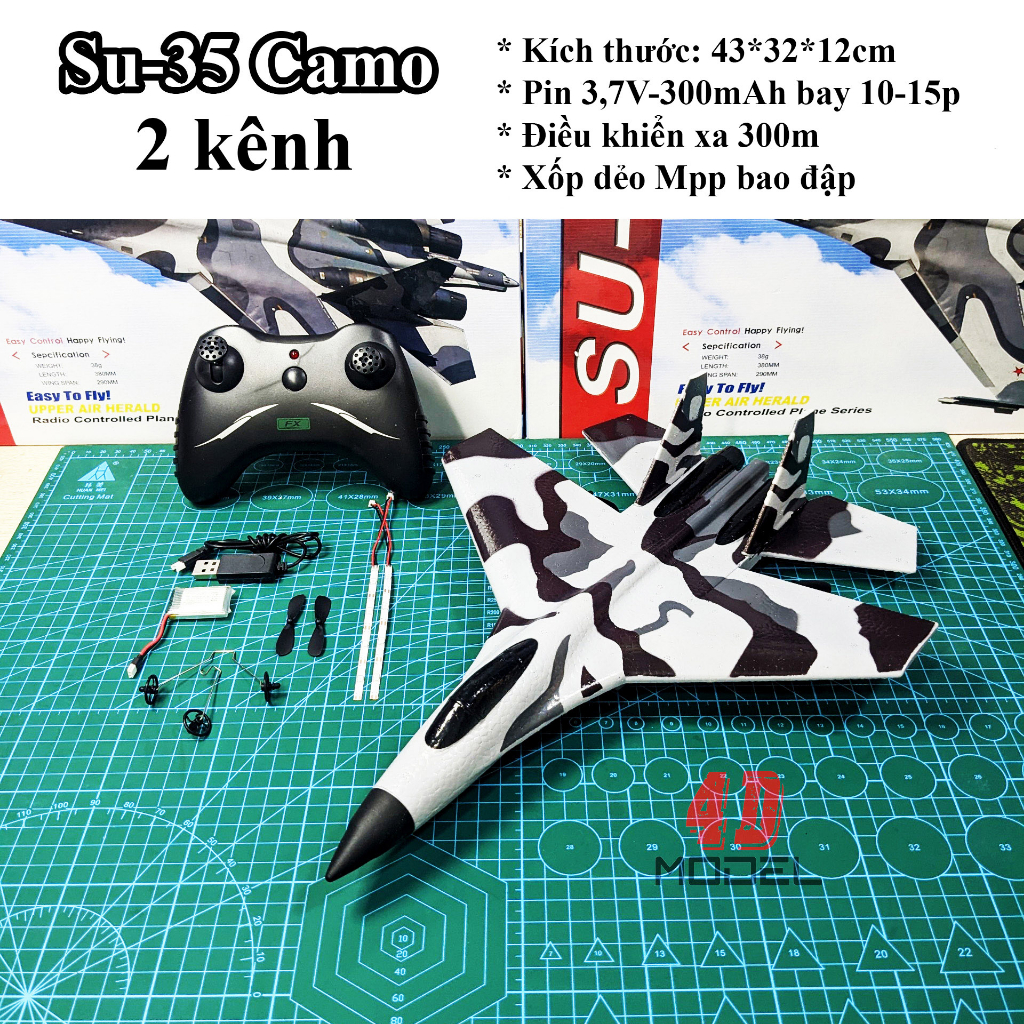 Máy bay điều khiển Su-35 2 kênh. Xốp dẻo Mpp siêu bền. KT 43*31*8CM. Pin 3,7V/300mAh. Điều khiển 300m