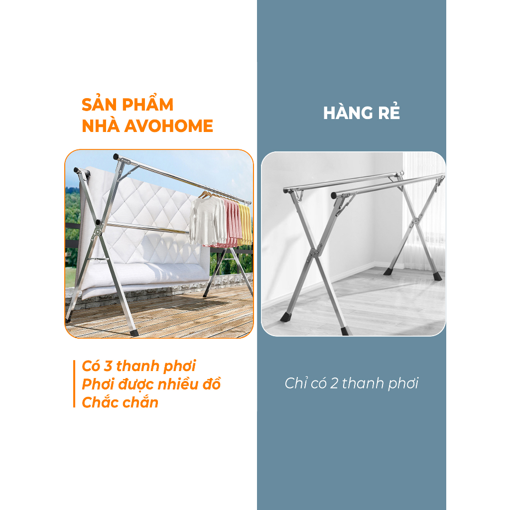 Giàn phơi quần áo AVOHOME loại sào treo đồ thông minh dạng giá phơi gấp gọn có bánh xe, thiết kế kiểu sào inox