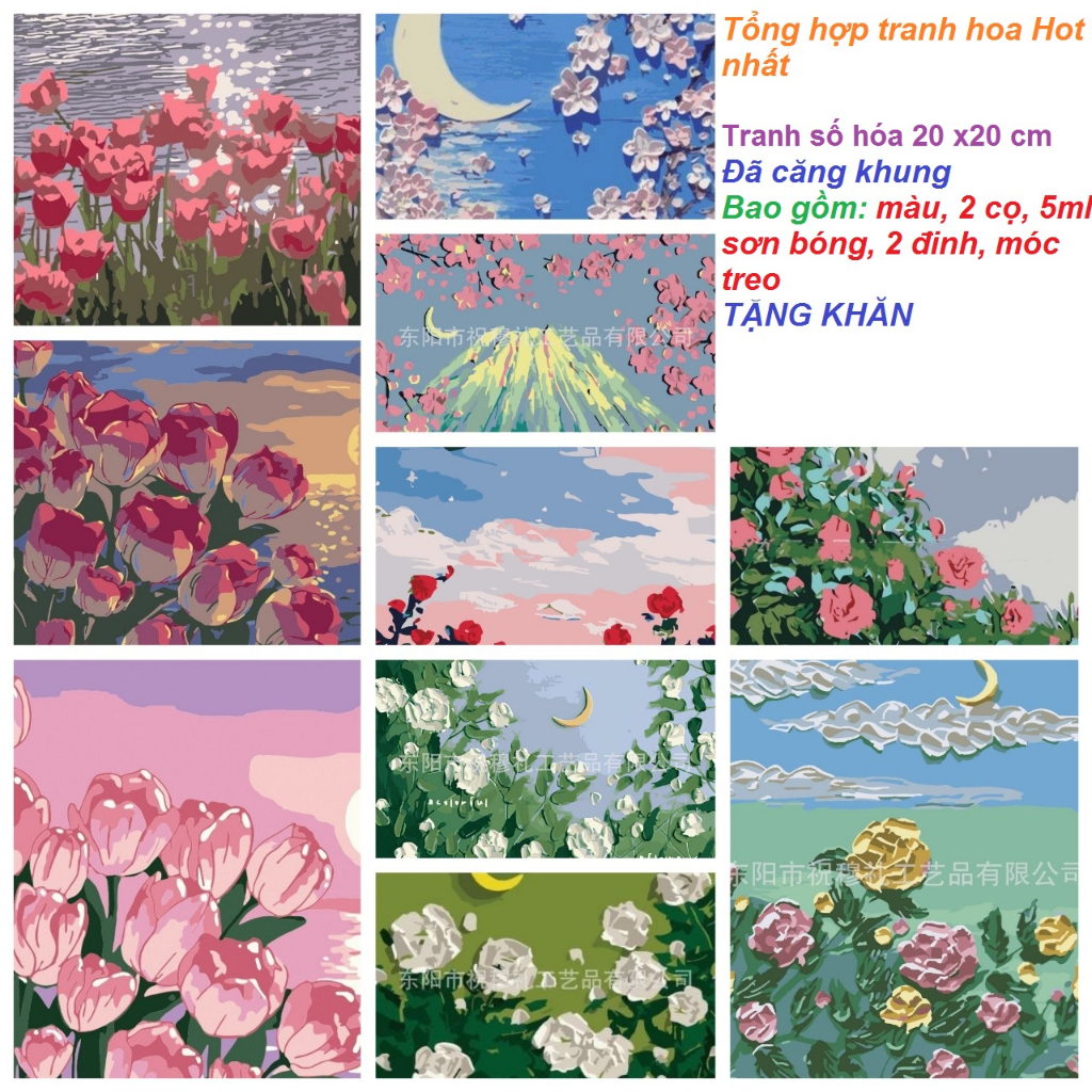 Tranh số hóa 20 x 20 cm -TẶNG KHĂN-Có SƠN BÓNG-đã căng khung-,có 2 đinh 3 chân- Tranh sơn dầu số hóa, tranh tô theo số