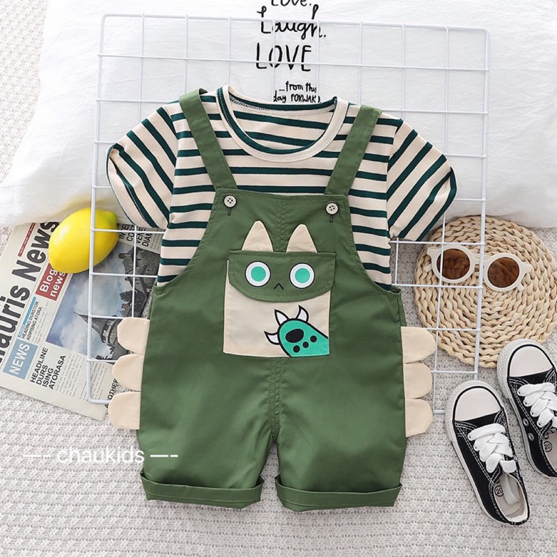 Áo quần bé trai. Set yếm khủng long bé trai. Yếm kaki kèm áo kẻ sọc bé trai Châu kids