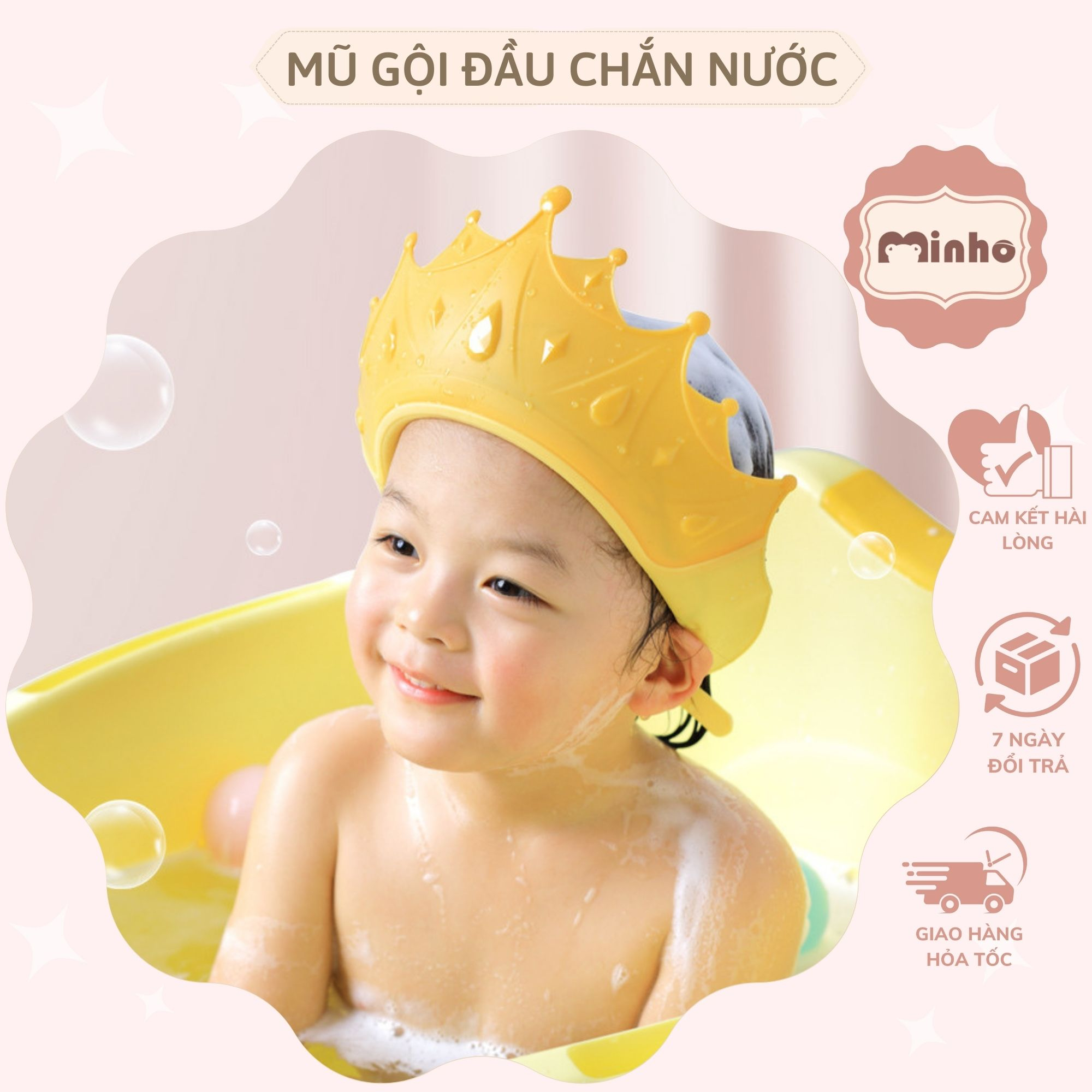 Mũ gội đầu chắn nước vương miện cho bé nhựa PP, có thể điều chỉnh vòng đầu