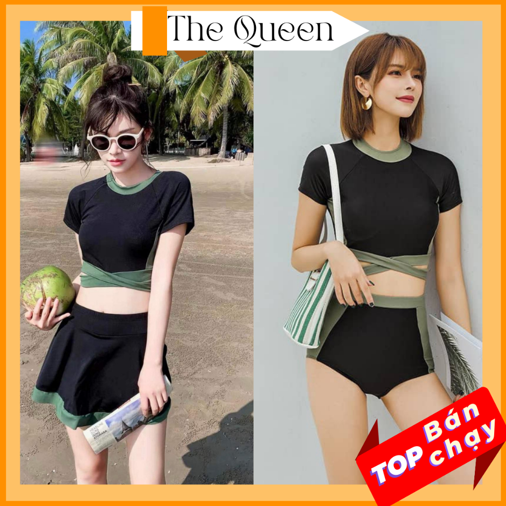 Bikini Đồ bơi đi biển áo croptop tay cọc dây chéo hông váy xòe và quần cạp cao Hàn Quốc The Queen 044