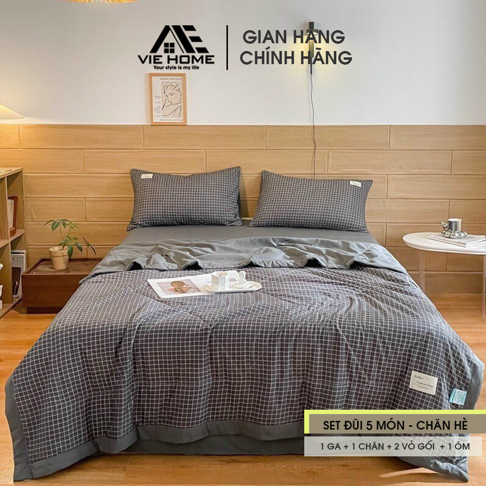 Bộ Chăn Chần Ga Giường Vỏ Gối 5 Món Cotton Đũi VIE Home - Bedding Cao Cấp Hoa Lá  Đủ Size Nệm M6/M8