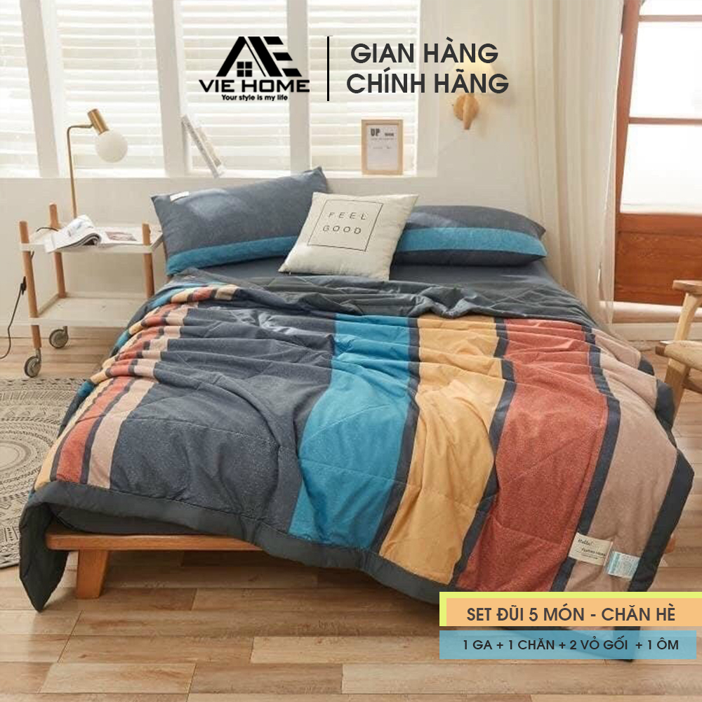 Bộ Chăn Chần Ga Giường Vỏ Gối 5 Món Cotton Đũi VIE Home - Bedding Cao Cấp Hoa Lá  Đủ Size Nệm M6/M8