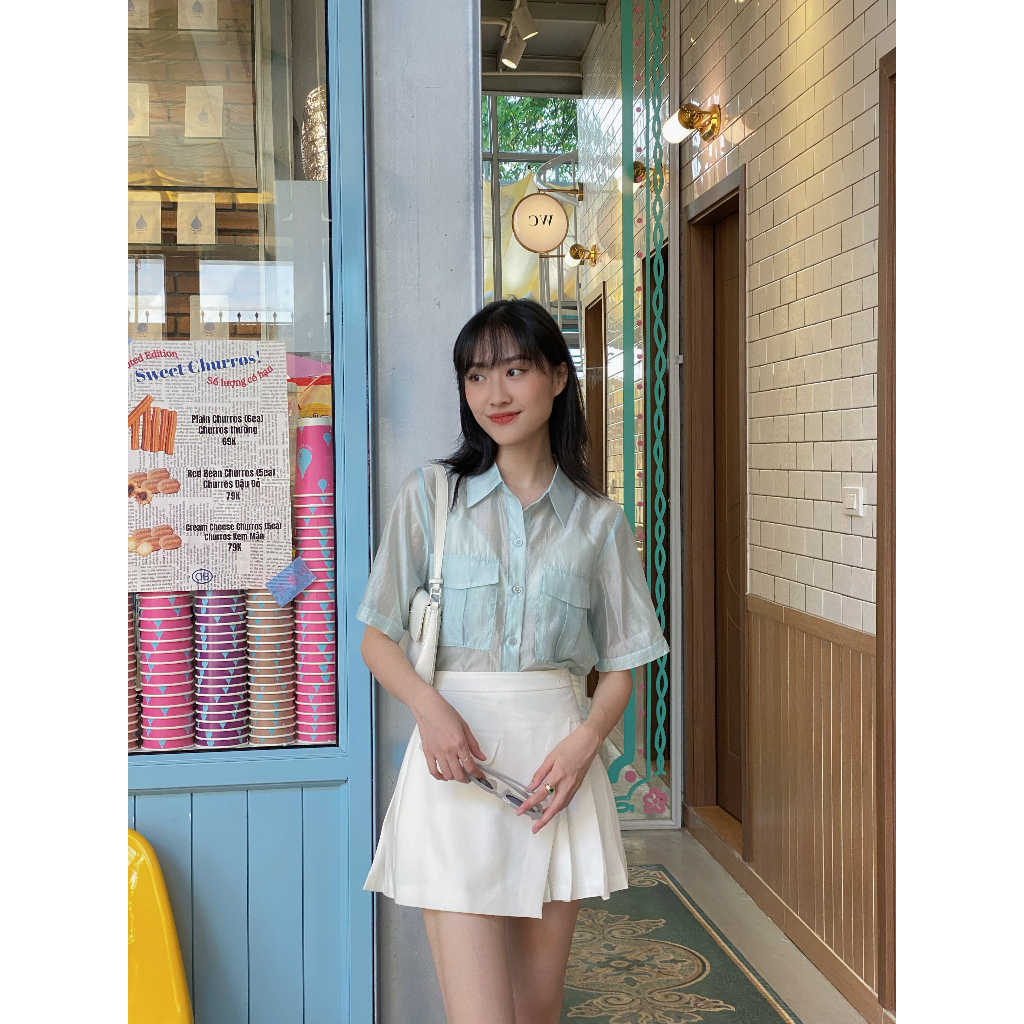 Áo sơ mi nữ công sở nữ Méo shop ngắn tay kiểu Hàn form rộng túi hộp Pocket shirt