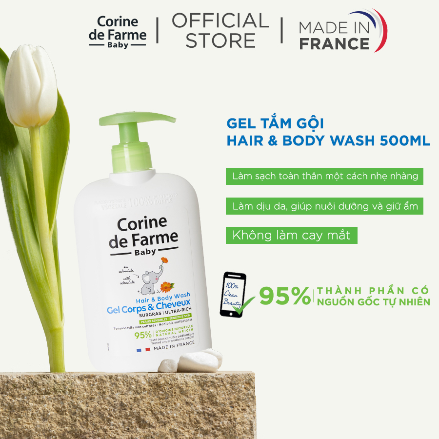 Gel gội và tắm cho bé Corine de Farme Hair & Body Wash 500ml