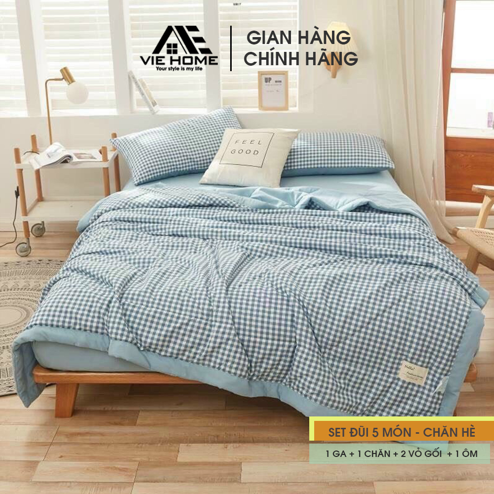 Bộ Chăn Chần Ga Giường Vỏ Gối 5 Món Cotton Đũi VIE Home - Bedding Cao Cấp Hoa Lá  Đủ Size Nệm M6/M8