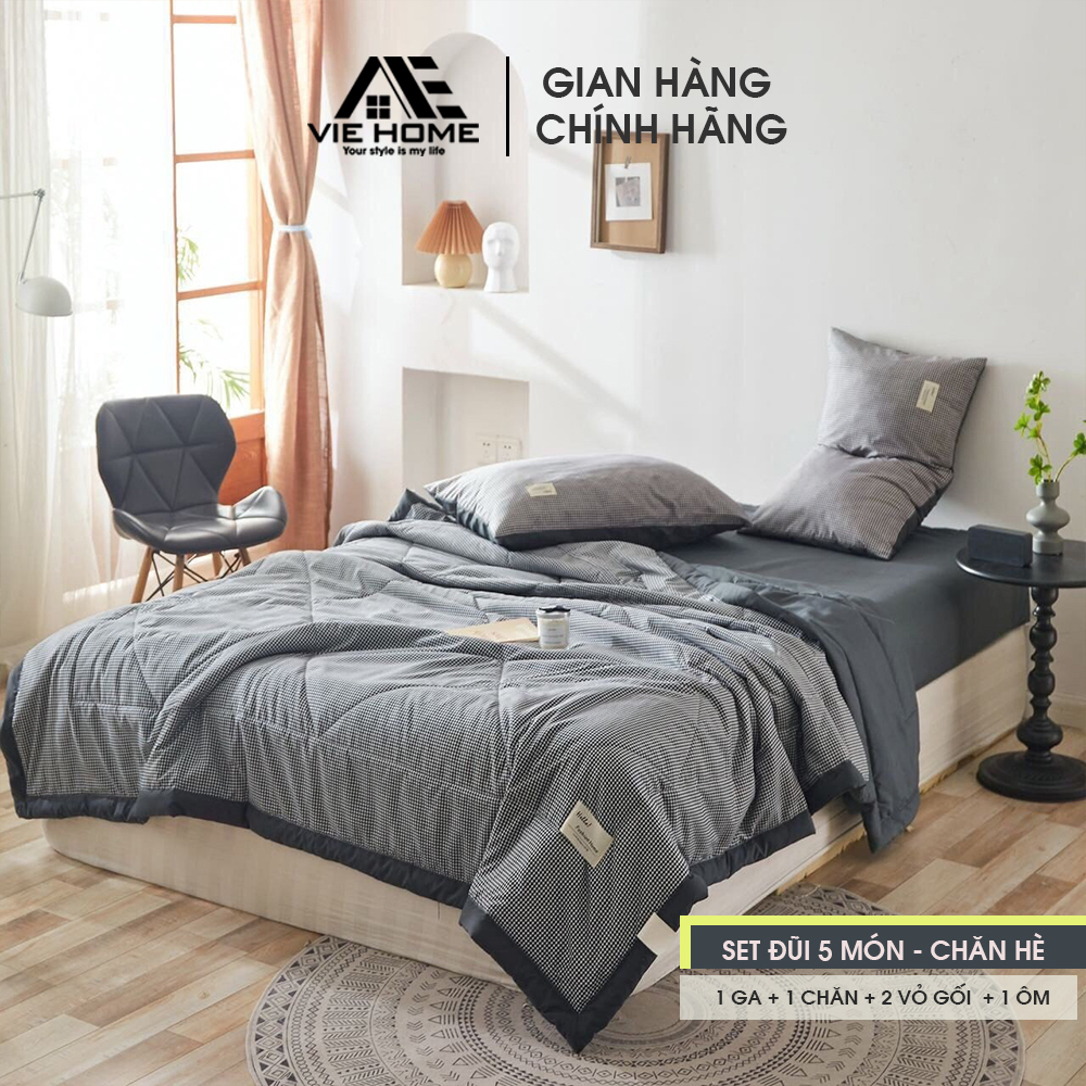 Bộ Chăn Chần Ga Giường Vỏ Gối 5 Món Cotton Đũi VIE Home - Bedding Cao Cấp Hoa Lá  Đủ Size Nệm M6/M8