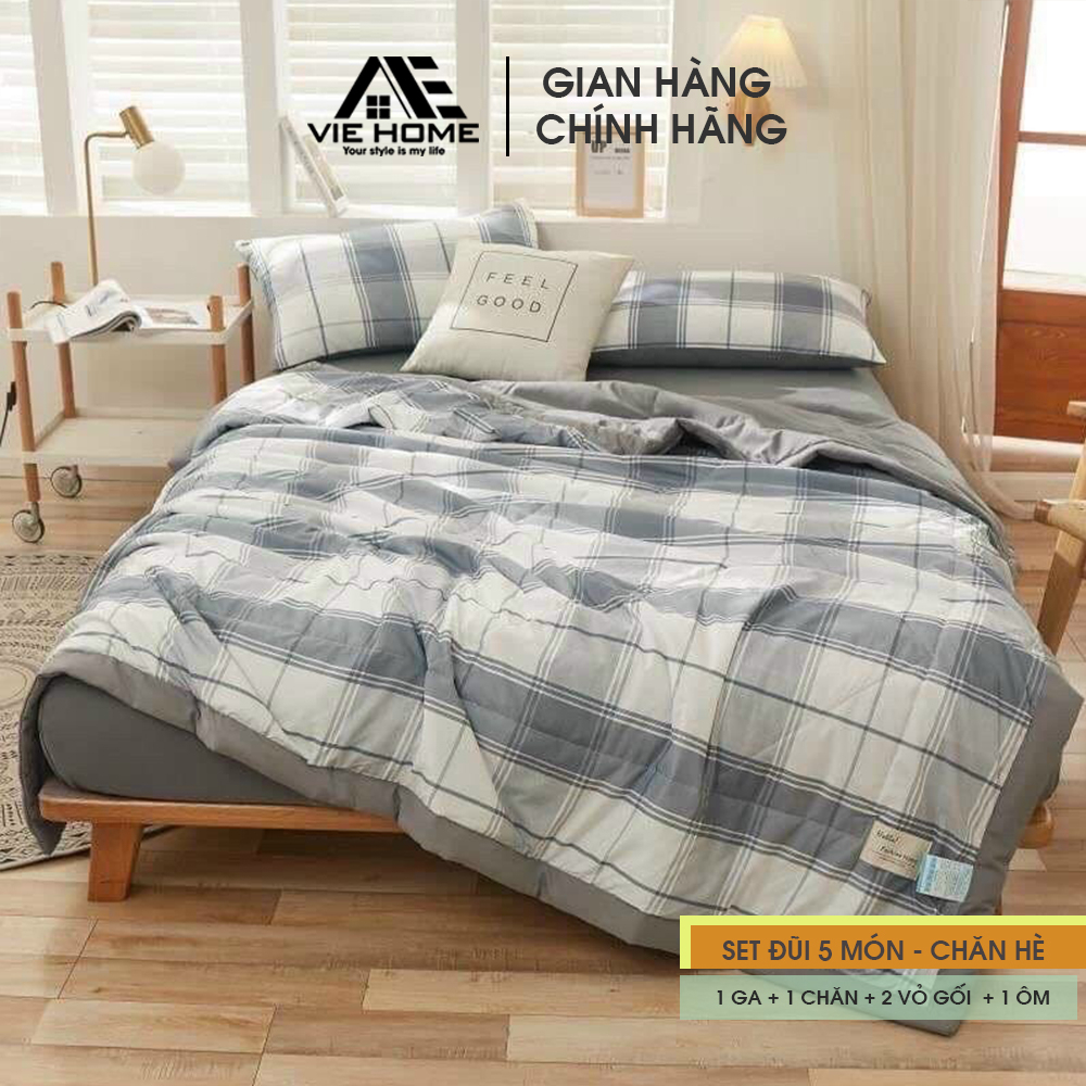 Bộ Chăn Chần Ga Giường Vỏ Gối 5 Món Cotton Đũi VIE Home - Bedding Cao Cấp Hoa Lá  Đủ Size Nệm M6/M8