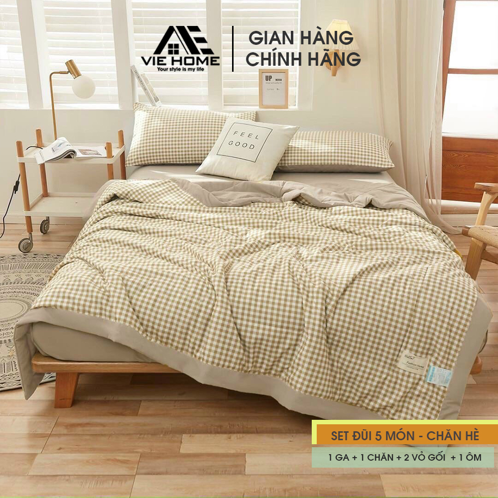 Bộ Chăn Chần Ga Giường Vỏ Gối 5 Món Cotton Đũi VIE Home - Bedding Cao Cấp Hoa Lá  Đủ Size Nệm M6/M8