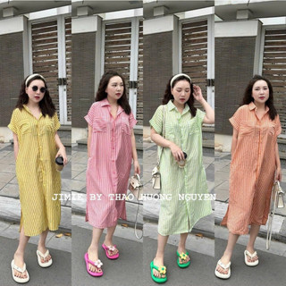 Váy kẻ cổ bẻ tay hến form rộng bầu bí bon chen