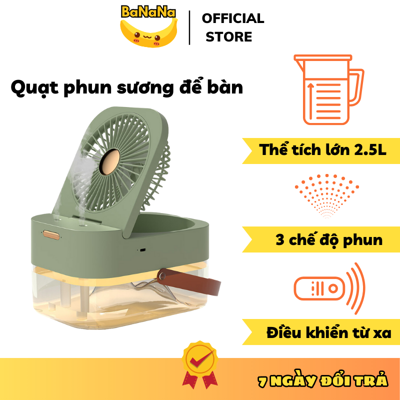 Quạt phun sương tạo ẩm quạt điều hòa mini có đèn LED để bàn dung tích 2.5L hẹn giờ điều khiển thông minh BANANA QPS01
