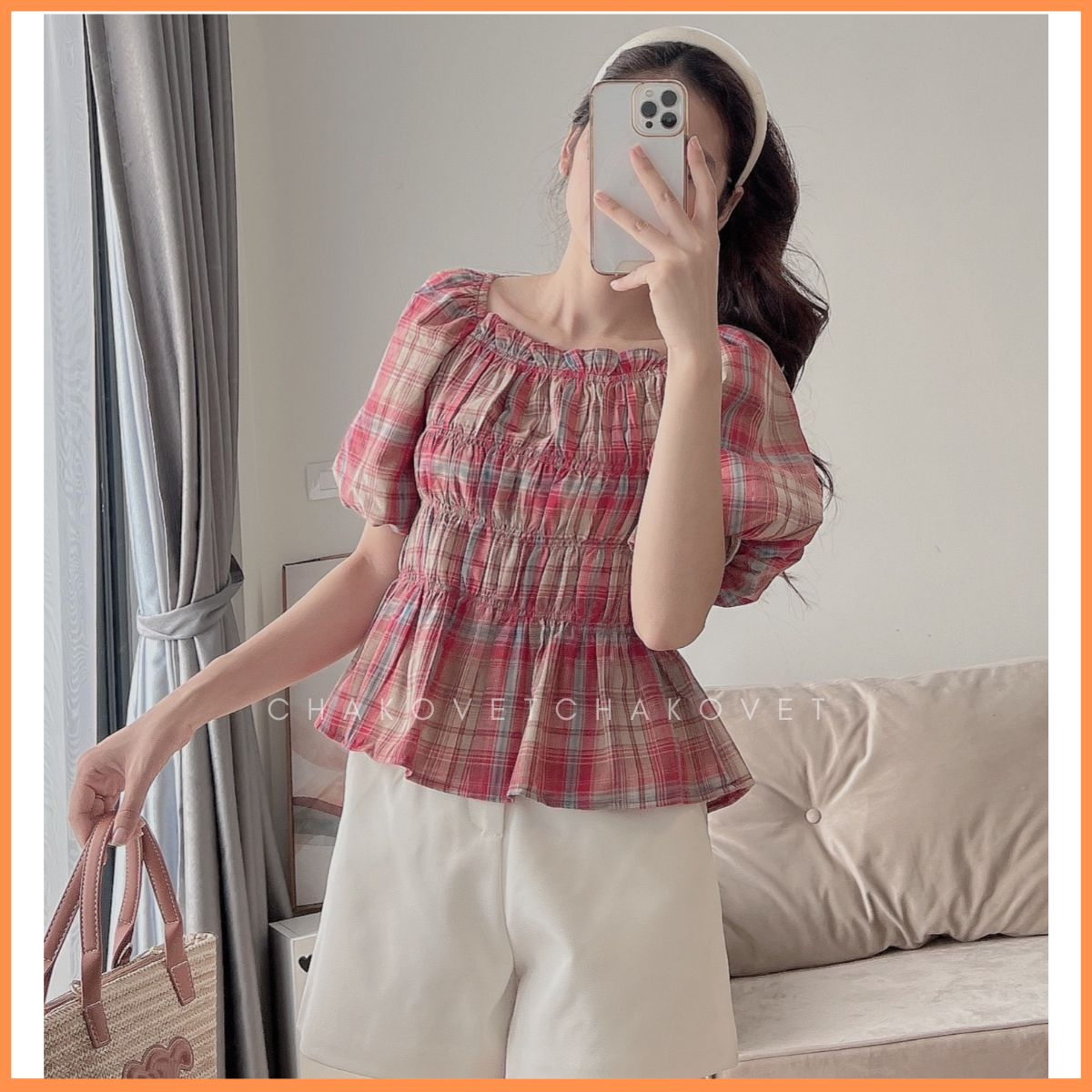 Áo kiểu nữ tay phồng sành điệu A8647 Áo nữ thiết kế cổ vuông bo chun ngực kèm dây nhỏ thắt nơ lưng sang chảnh - CHAKOVET