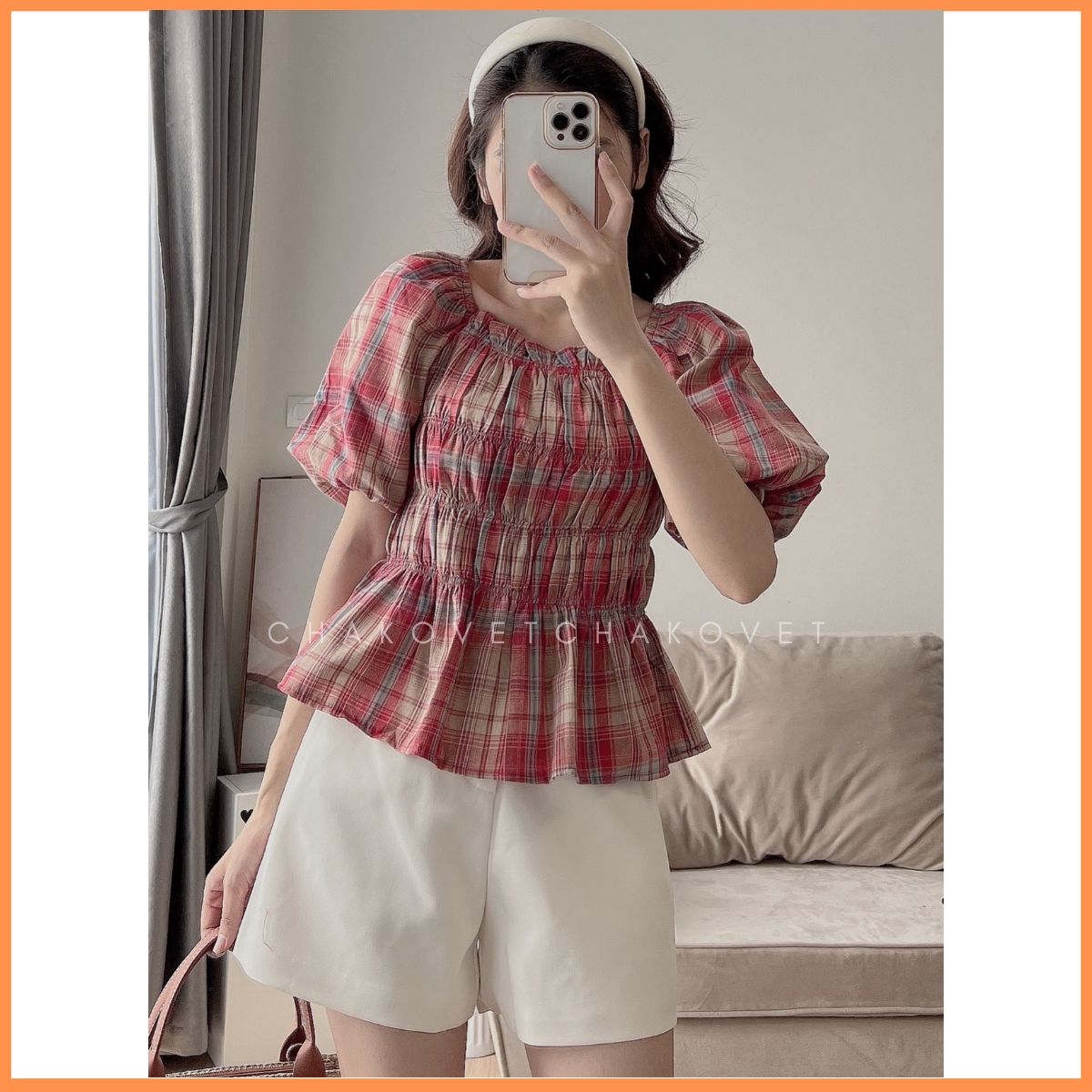 Áo kiểu nữ tay phồng sành điệu A8647 Áo nữ thiết kế cổ vuông bo chun ngực kèm dây nhỏ thắt nơ lưng sang chảnh - CHAKOVET