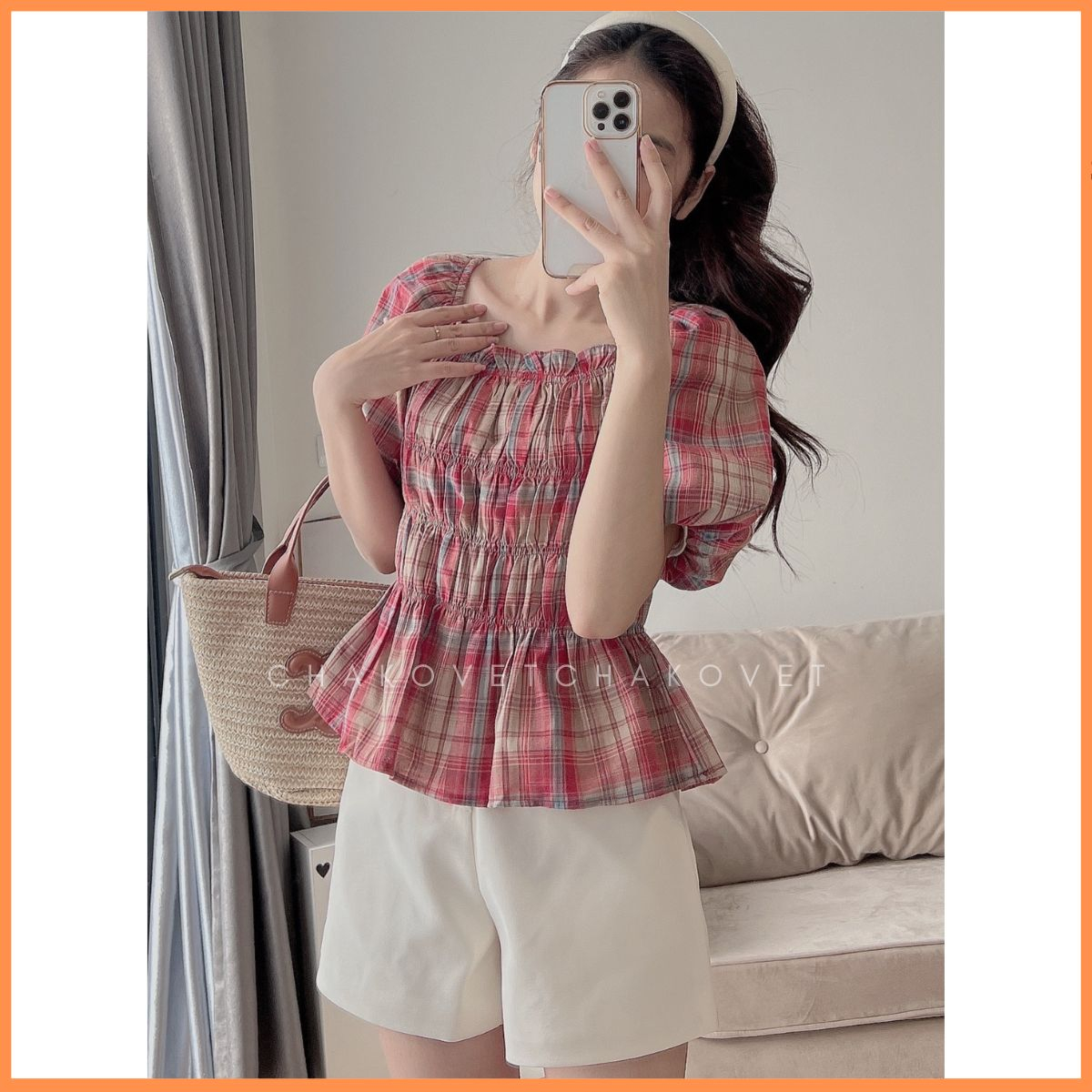 Áo kiểu nữ tay phồng sành điệu A8647 Áo nữ thiết kế cổ vuông bo chun ngực kèm dây nhỏ thắt nơ lưng sang chảnh - CHAKOVET