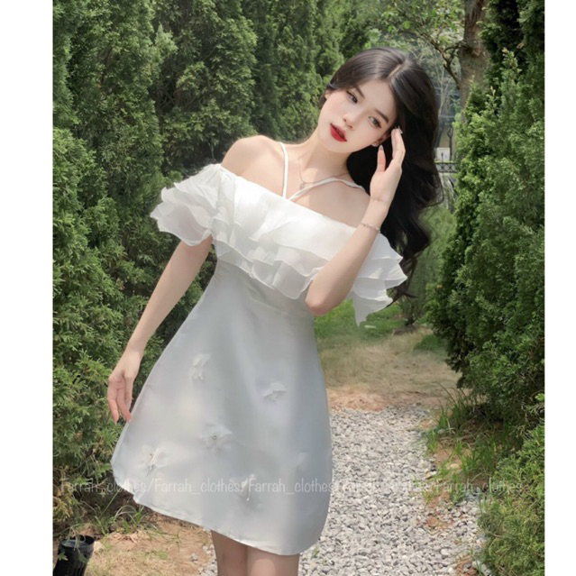 ĐẦM VÁY TRỄ VAI * LA ROSÉ DRESS * VIỀN BÈO THÂN VÁY ĐÍNH NƠ MIC ĐÁ