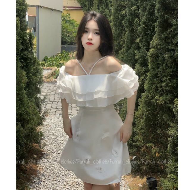 ĐẦM VÁY TRỄ VAI * LA ROSÉ DRESS * VIỀN BÈO THÂN VÁY ĐÍNH NƠ MIC ĐÁ