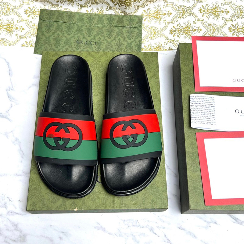 Dép lê nam quai ngang GG cao su non đúc quai sọc nâu be/ xanh đỏ logo chữ phối đế chữ 2 tầng DL26P