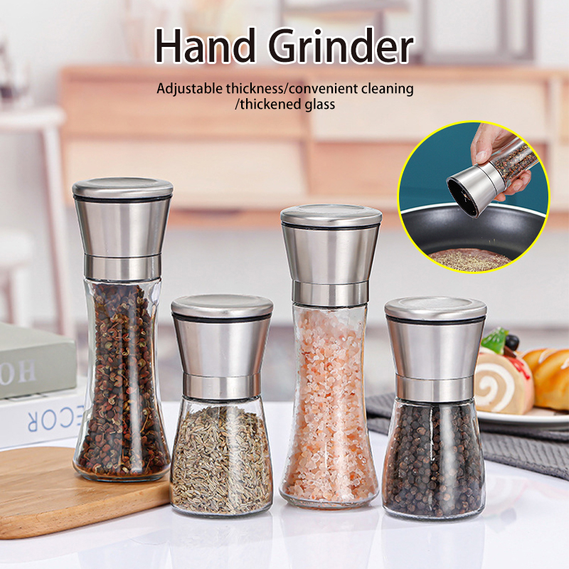 Lọ xay tiêu inox, Lọ xay hạt tiêu cầm tay, cối xay hạt tiêu thủy tinh nắp inox cao cấp răng nghiền bằng sứ chuyên dụng