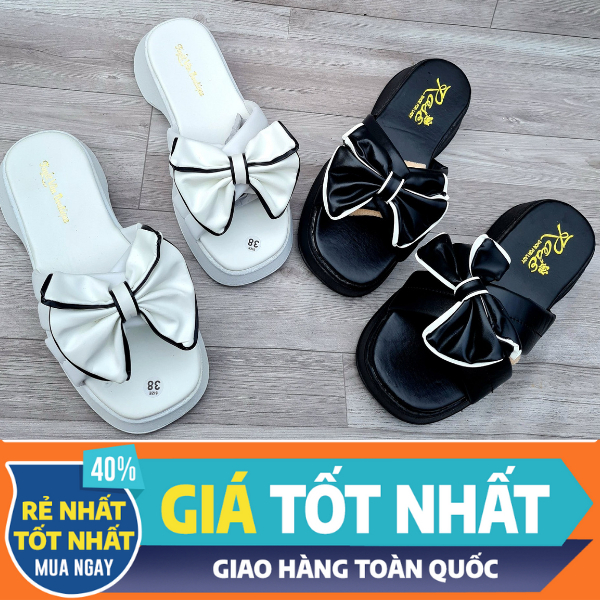 Dép đế xuồng-Dép Bánh Mì Nữ đế cao, quai chéo dán nơ cao cấp (phom to lùi 1 size)
