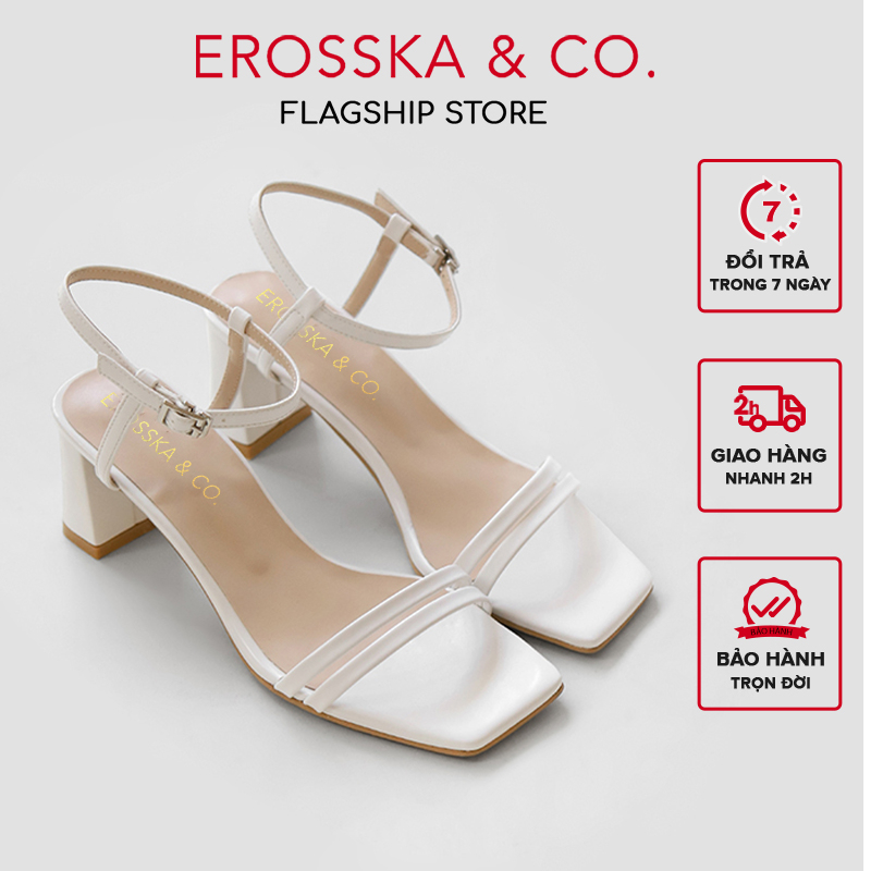 Erosska - Sandal cao gót mũi hở đế vuông phối dây quai mảnh cao 7cm màu nude - EB063