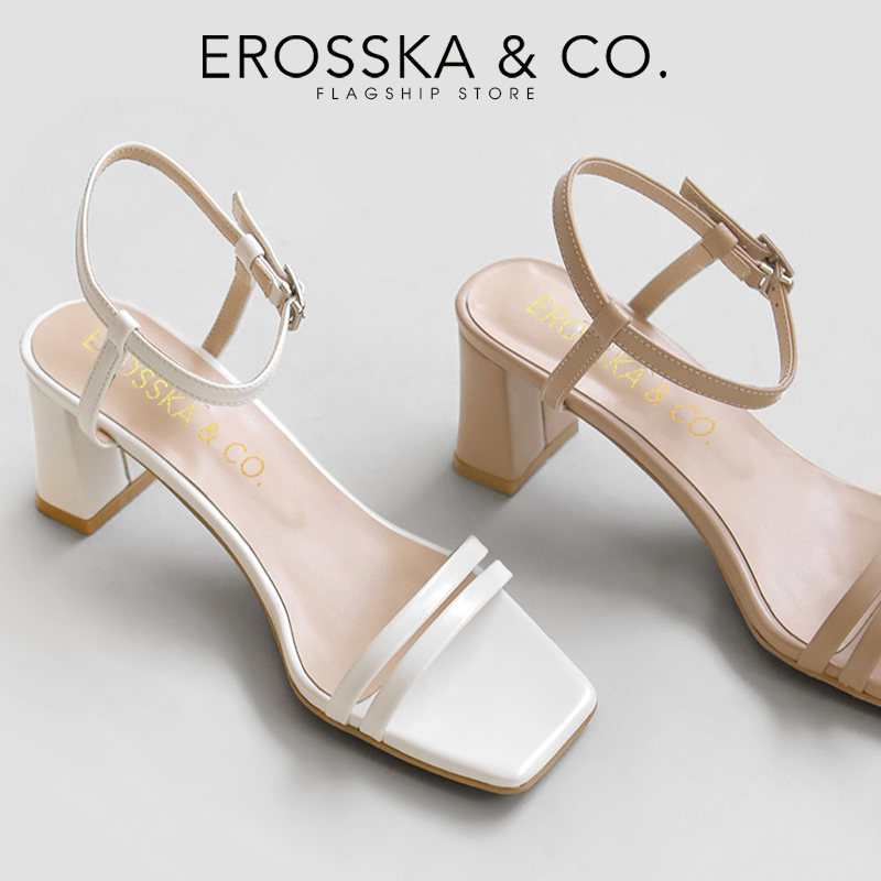 Erosska - Sandal cao gót mũi hở đế vuông phối dây quai mảnh cao 7cm màu nude - EB063